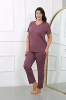 Büyük Beden Kısa Kollu Penye Kadın Pijama Takımı Akbeniz 202405 Mürdüm farklı açı