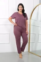 Büyük Beden Kısa Kollu Penye Kadın Pijama Takımı Akbeniz 202405 Mürdüm görsel 4