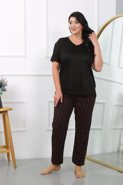 Penye Büyük Beden Kısa Kollu Kadın Pijama Takımı Siyah Akbeniz 202406