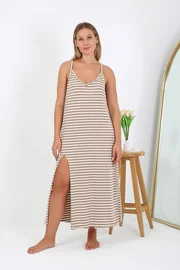 Akbeniz Çizgili Pamuklu Kadın Büyük Beden İp Askılı Uzun Gecelik Akbeniz 12109
