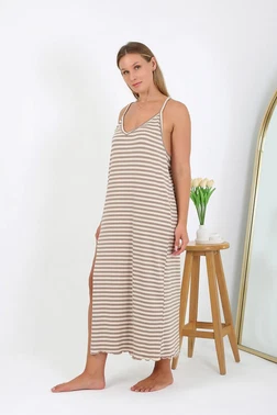Akbeniz Çizgili Pamuklu Kadın Büyük Beden İp Askılı Uzun Gecelik Akbeniz 12109 - Alternatif Görünüm