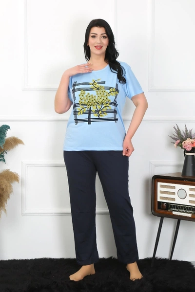Mavi Çiçekli Büyük Beden Kadın Pijama Takımı Akbeniz 202402