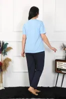 Mavi Çiçekli Büyük Beden Kadın Pijama Takımı Akbeniz 202402 Mavi detay görünüm