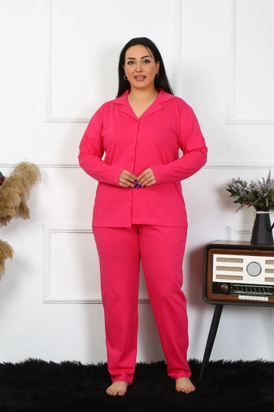 Uzun Kollu Büyük Beden Pamuklu Cepli Düğmeli Fuşya Pijama Takım Akbeniz 202401