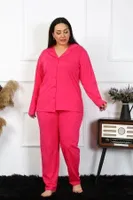 Uzun Kollu Büyük Beden Pamuklu Cepli Düğmeli Fuşya Pijama Takım Akbeniz 202401 Fuşya farklı açı