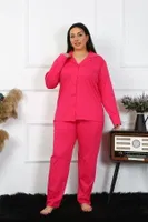 Uzun Kollu Büyük Beden Pamuklu Cepli Düğmeli Fuşya Pijama Takım Akbeniz 202401 Fuşya görsel 5