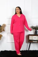 Uzun Kollu Büyük Beden Pamuklu Cepli Düğmeli Fuşya Pijama Takım Akbeniz 202401 Fuşya görsel 6