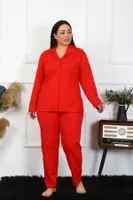 Büyük Beden Uzun Kollu Pamuklu Düğmeli Kırmızı Kadın Pijama Takım Akbeniz 202401 Kırmızı