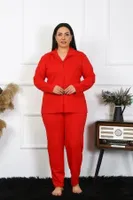 Büyük Beden Uzun Kollu Pamuklu Düğmeli Kırmızı Kadın Pijama Takım Akbeniz 202401 Kırmızı detay görünüm