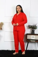 Büyük Beden Uzun Kollu Pamuklu Düğmeli Kırmızı Kadın Pijama Takım Akbeniz 202401 Kırmızı farklı açı