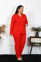 Büyük Beden Uzun Kollu Pamuklu Düğmeli Kırmızı Kadın Pijama Takım Akbeniz 202401 Kırmızı görsel 4
