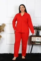 Büyük Beden Uzun Kollu Pamuklu Düğmeli Kırmızı Kadın Pijama Takım Akbeniz 202401 Kırmızı görsel 6