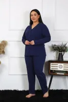 Lacivert Büyük Beden Pamuklu Gömlek Yaka Düğmeli Pijama Takım Akbeniz 202401 Lacivert