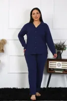 Lacivert Büyük Beden Pamuklu Gömlek Yaka Düğmeli Pijama Takım Akbeniz 202401 Lacivert detay görünüm