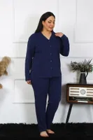 Lacivert Büyük Beden Pamuklu Gömlek Yaka Düğmeli Pijama Takım Akbeniz 202401 Lacivert farklı açı
