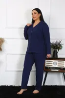 Lacivert Büyük Beden Pamuklu Gömlek Yaka Düğmeli Pijama Takım Akbeniz 202401 Lacivert görsel 5