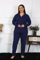 Lacivert Büyük Beden Pamuklu Gömlek Yaka Düğmeli Pijama Takım Akbeniz 202401 Lacivert görsel 6