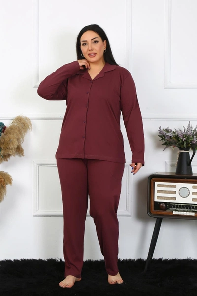 Düğmeli Büyük Beden Uzun Kollu Pamuklu Cepli Kadın Pijama Takım Akbeniz 202401