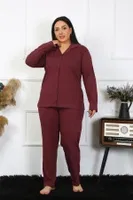 Düğmeli Büyük Beden Uzun Kollu Pamuklu Cepli Kadın Pijama Takım Akbeniz 202401 Mürdüm