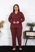 Düğmeli Büyük Beden Uzun Kollu Pamuklu Cepli Kadın Pijama Takım Akbeniz 202401 Mürdüm detay görünüm