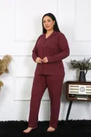 Düğmeli Büyük Beden Uzun Kollu Pamuklu Cepli Kadın Pijama Takım Akbeniz 202401 Mürdüm farklı açı