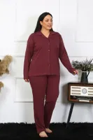 Düğmeli Büyük Beden Uzun Kollu Pamuklu Cepli Kadın Pijama Takım Akbeniz 202401 Mürdüm görsel 5
