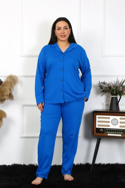 Pamuklu Büyük Beden Cepli Gömlek Yaka Kadın Pijama Takım Akbeniz 202401