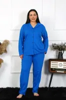 Pamuklu Büyük Beden Cepli Gömlek Yaka Kadın Pijama Takım Akbeniz 202401 Saks