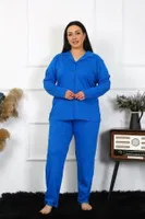 Pamuklu Büyük Beden Cepli Gömlek Yaka Kadın Pijama Takım Akbeniz 202401 Saks görsel 4