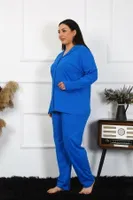 Pamuklu Büyük Beden Cepli Gömlek Yaka Kadın Pijama Takım Akbeniz 202401 Saks görsel 5
