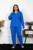 Pamuklu Büyük Beden Cepli Gömlek Yaka Kadın Pijama Takım Akbeniz 202401 Saks görsel 6