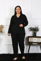 Gömlek Yaka Büyük Beden Düğmeli Pamuklu Cepli Siyah Pijama Takım Akbeniz 202401 Siyah