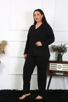Gömlek Yaka Büyük Beden Düğmeli Pamuklu Cepli Siyah Pijama Takım Akbeniz 202401 Siyah farklı açı