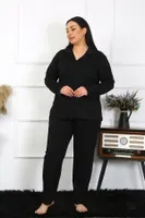 Gömlek Yaka Büyük Beden Düğmeli Pamuklu Cepli Siyah Pijama Takım Akbeniz 202401 Siyah görsel 4