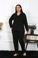 Gömlek Yaka Büyük Beden Düğmeli Pamuklu Cepli Siyah Pijama Takım Akbeniz 202401 Siyah görsel 5