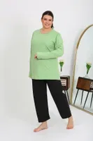 Uzun Kollu Kadın Büyük Beden Penye Pijama Takımı Fıstık Yeşili Akbeniz 202408 detay görünüm