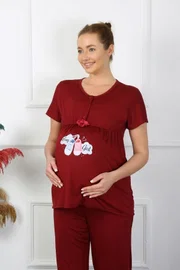 Bordo Kısa Kollu Hamile Lohusa Pijama Takımı Akbeniz 45210
