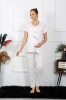 Patik Desenli Kısa Kollu Hamile Lohusa Pijama Takımı Ekru Akbeniz 45210 Ekru farklı açı