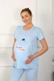 Düğmeli Kısa Kollu Hamile Lohusa Pijama Takımı Mavi Akbeniz 45210