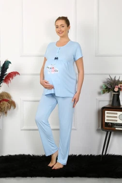Düğmeli Kısa Kollu Hamile Lohusa Pijama Takımı Mavi Akbeniz 45210 - Alternatif Görünüm