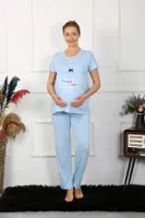 Düğmeli Kısa Kollu Hamile Lohusa Pijama Takımı Mavi Akbeniz 45210 Mavi görsel 5