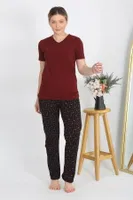 V Yaka Kısa Kollu Penye Pijama Takım Bordo Akbeniz 4214 Bordo detay görünüm