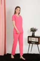 Fuşya Kısa Kollu Pamuklu Kadın Pijama Takım Akbeniz 4213 Fuşya