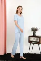 Kısa Kollu V Yaka Penye Kadın Pijama Takım Mavi Akbeniz 4213 Mavi