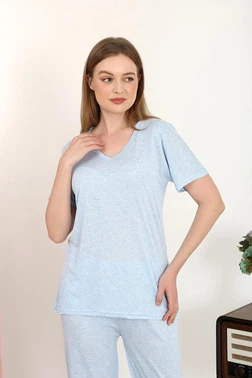 Akbeniz Kısa Kollu V Yaka Penye Kadın Pijama Takım Mavi Akbeniz 4213 - Alternatif Görünüm