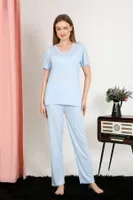 Kısa Kollu V Yaka Penye Kadın Pijama Takım Mavi Akbeniz 4213 Mavi farklı açı