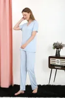 Kısa Kollu V Yaka Penye Kadın Pijama Takım Mavi Akbeniz 4213 Mavi görsel 4