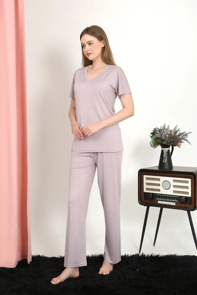 V Yaka Kısa Kollu Pamuk Kadın Pijama Takım Pudra Akbeniz 4213