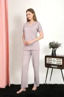 V Yaka Kısa Kollu Pamuk Kadın Pijama Takım Pudra Akbeniz 4213 Pudra