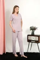 V Yaka Kısa Kollu Pamuk Kadın Pijama Takım Pudra Akbeniz 4213 Pudra farklı açı